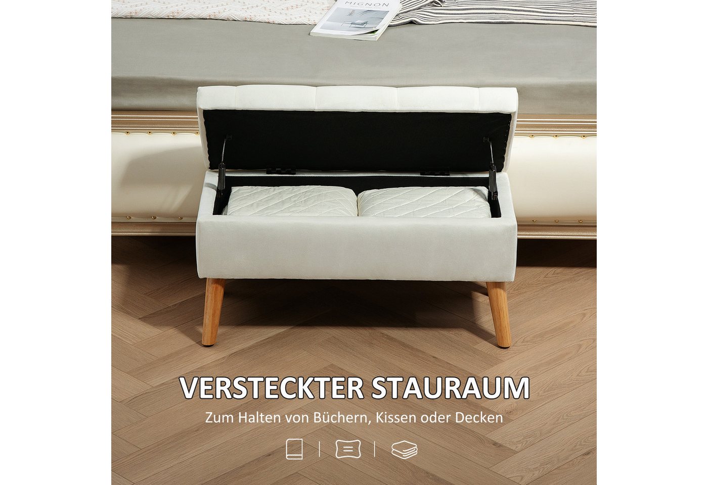 HOMCOM Sitzbank Polsterbank mit Deckel, Bettbank mit Samtoptik (Truhenbank, 1-St., Polsterbank), für Flur Schlafzimmer Wohnzimmer, Gummiholz 80 x 35 x 42 cm Wei – Bild 4 von 5
