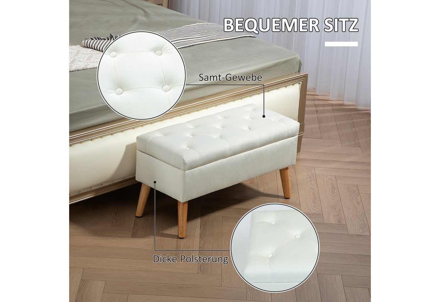 HOMCOM Sitzbank Polsterbank mit Deckel, Bettbank mit Samtoptik (Truhenbank, 1-St., Polsterbank), für Flur Schlafzimmer Wohnzimmer, Gummiholz 80 x 35 x 42 cm Wei – Bild 5 von 5