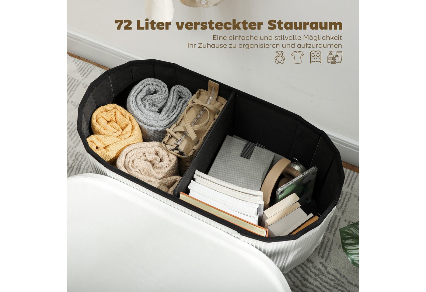 HOMCOM Sitzbank Polsterbank mit Deckel, Sitztruhe für Wohnzimmer, cremeweiß (Sitztruhe, 1-St., inkl. Aufbauanleitung), Faltbar, mit Stauraum, Samtoptik – Bild 4 von 5