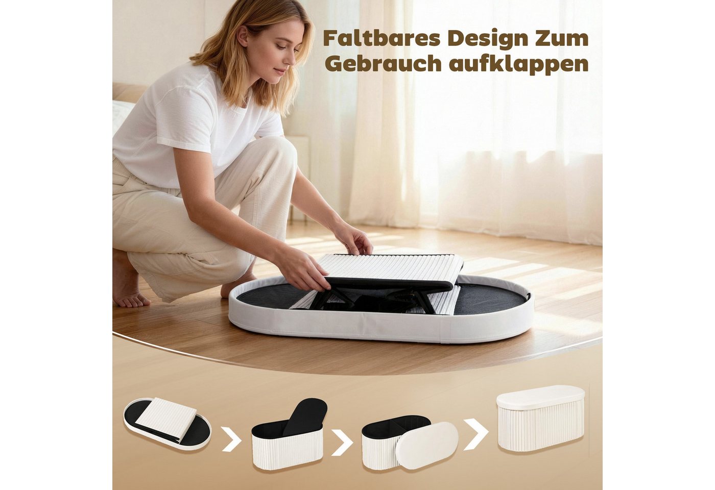 HOMCOM Sitzbank Polsterbank mit Deckel, Sitztruhe für Wohnzimmer, cremeweiß (Sitztruhe, 1-St., inkl. Aufbauanleitung), Faltbar, mit Stauraum, Samtoptik – Bild 5 von 5