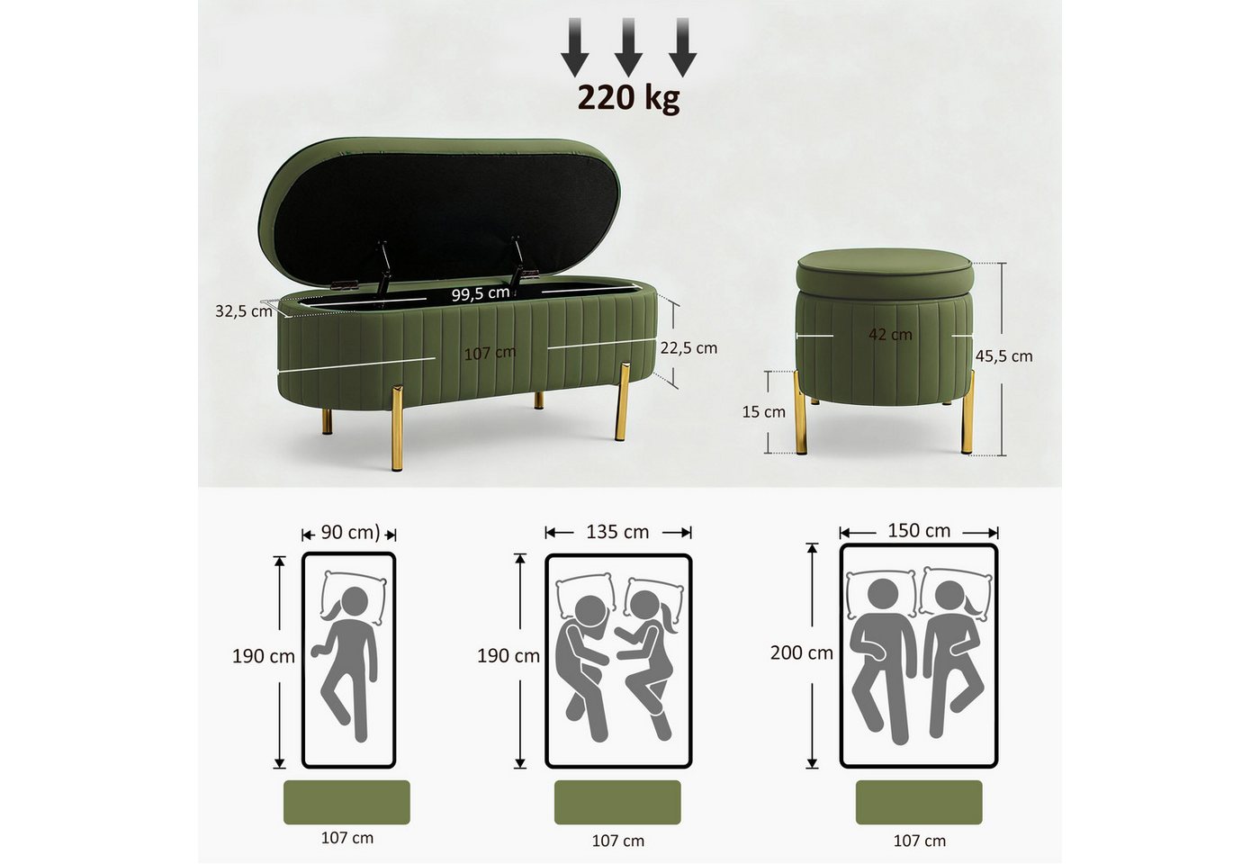 HOMCOM Sitzbank Polsterbank mit Samtoptik, Bettbank mit Metallbeine (Sitztruhe, 1-St., Truhenbank), für Flur, Wohnzimmer, Schlafzimmer 107 x 42 x 45,5 cm, Grün – Bild 3 von 5