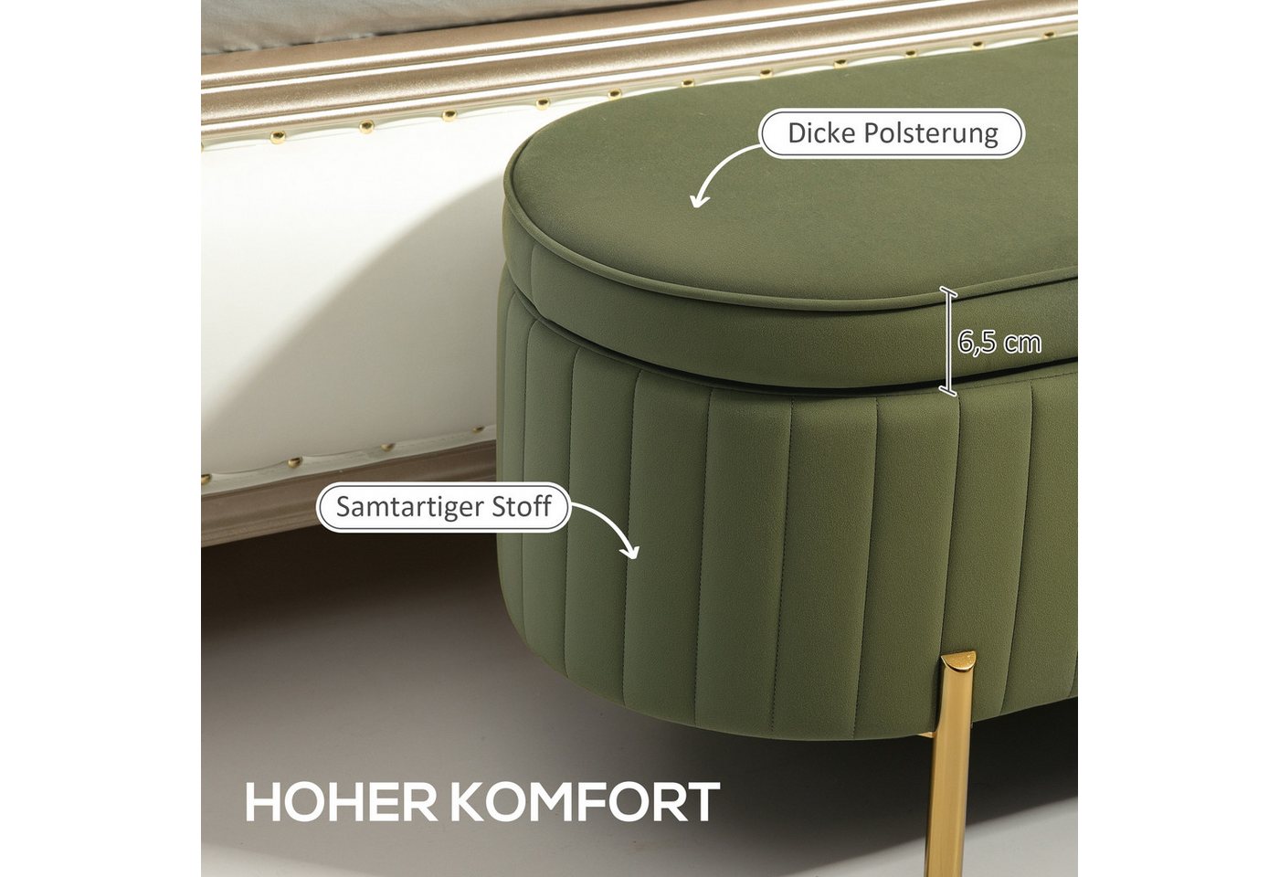 HOMCOM Sitzbank Polsterbank mit Samtoptik, Bettbank mit Metallbeine (Sitztruhe, 1-St., Truhenbank), für Flur, Wohnzimmer, Schlafzimmer 107 x 42 x 45,5 cm, Grün – Bild 4 von 5