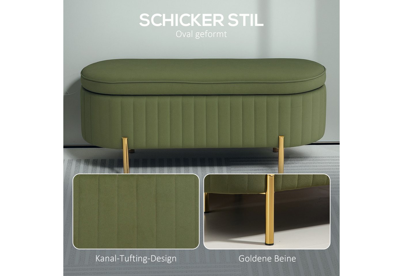 HOMCOM Sitzbank Polsterbank mit Samtoptik, Bettbank mit Metallbeine (Sitztruhe, 1-St., Truhenbank), für Flur, Wohnzimmer, Schlafzimmer 107 x 42 x 45,5 cm, Grün – Bild 5 von 5