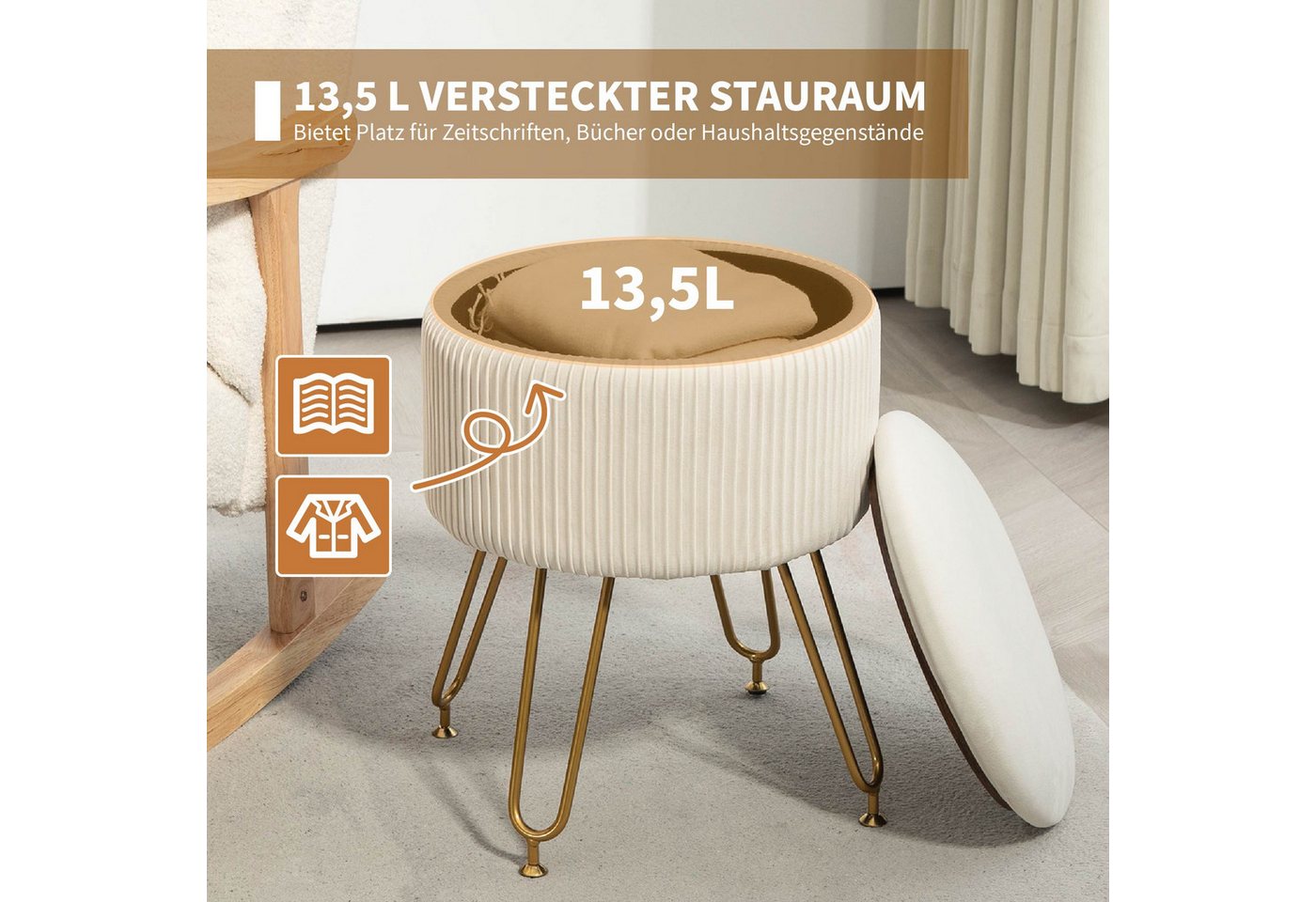 HOMCOM Sitzbank Runder Hocker mit Deckel, Polsterhocker mit Samtoptik, Stahlbeine (Truhenbank, 1-St., Polsterbank), für Flur Schlafzimmer Wohnzimmer, Stahlrahme – Bild 4 von 5