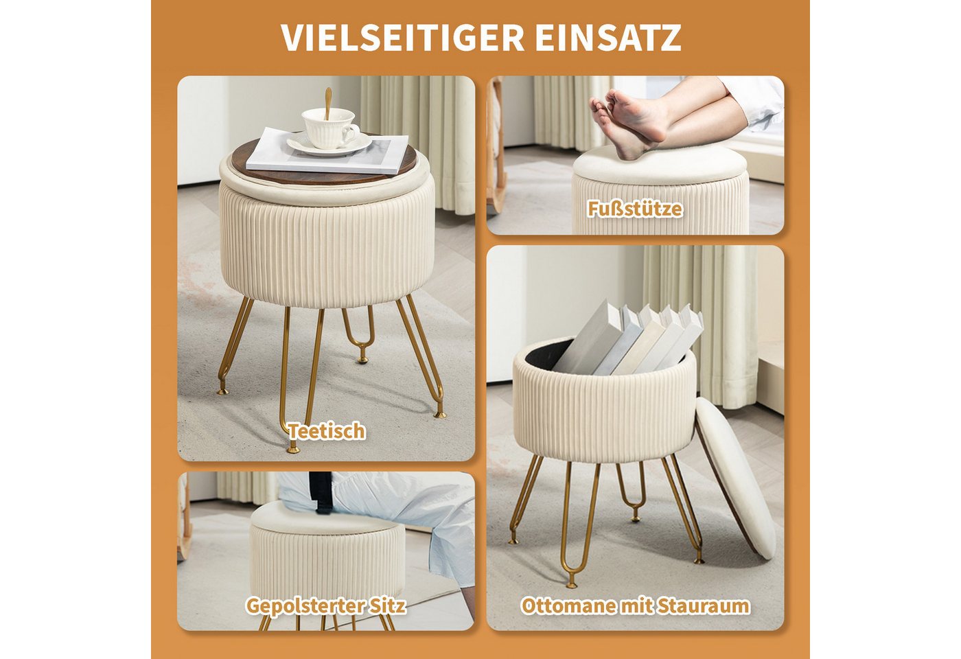 HOMCOM Sitzbank Runder Hocker mit Deckel, Polsterhocker mit Samtoptik, Stahlbeine (Truhenbank, 1-St., Polsterbank), für Flur Schlafzimmer Wohnzimmer, Stahlrahme – Bild 5 von 5