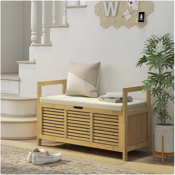 HOMCOM Sitzbank Schuhbank mit Klappdeckel, Schuhregal (Garderobenbank, 1-St., Flurbank), für Diele, Flur, Bambus, Natur, 100 x 40 x 60 cm