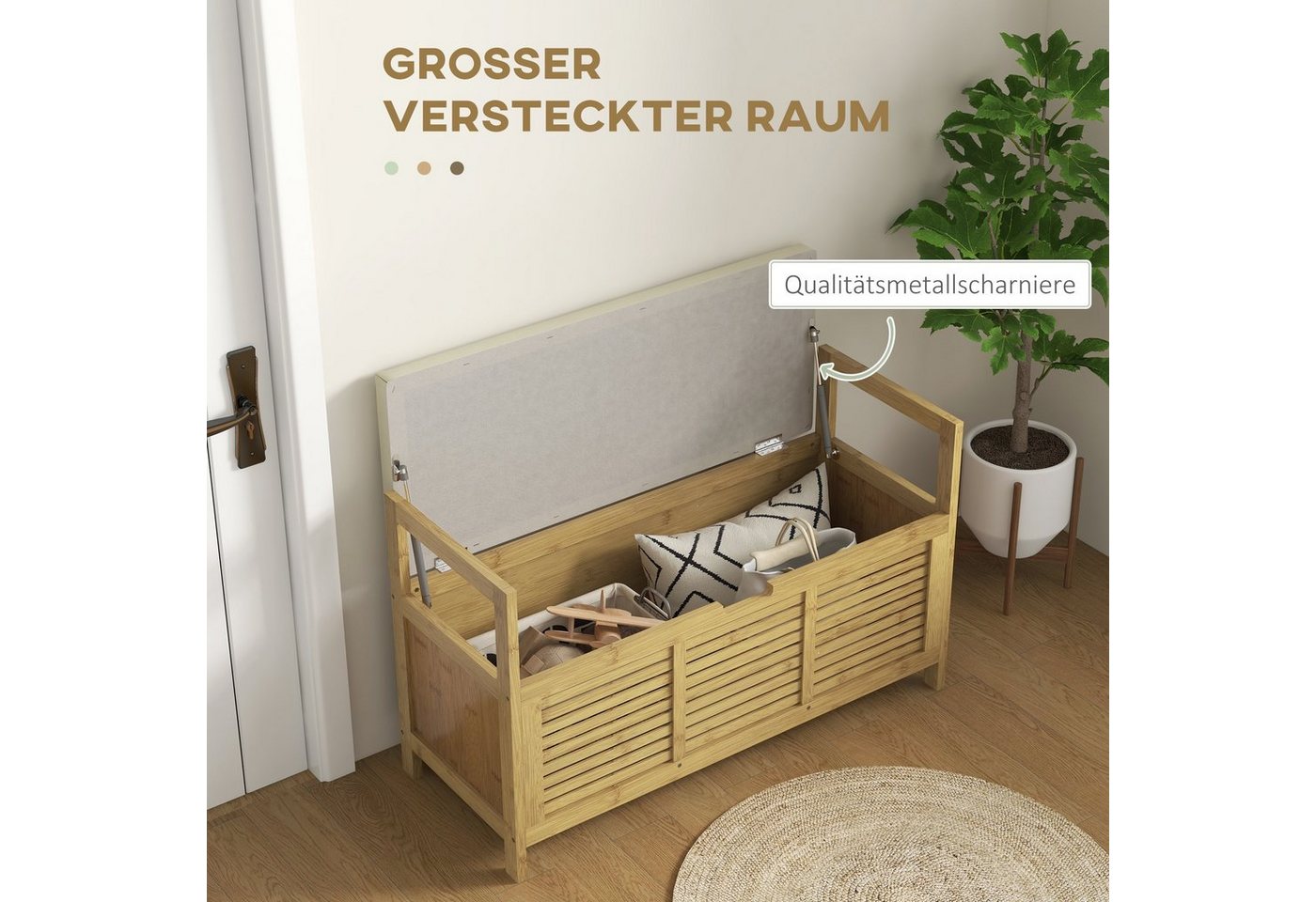 HOMCOM Sitzbank Schuhbank mit Klappdeckel, Schuhregal (Garderobenbank, 1-St., Flurbank), für Diele, Flur, Bambus, Natur, 100 x 40 x 60 cm – Bild 4 von 5