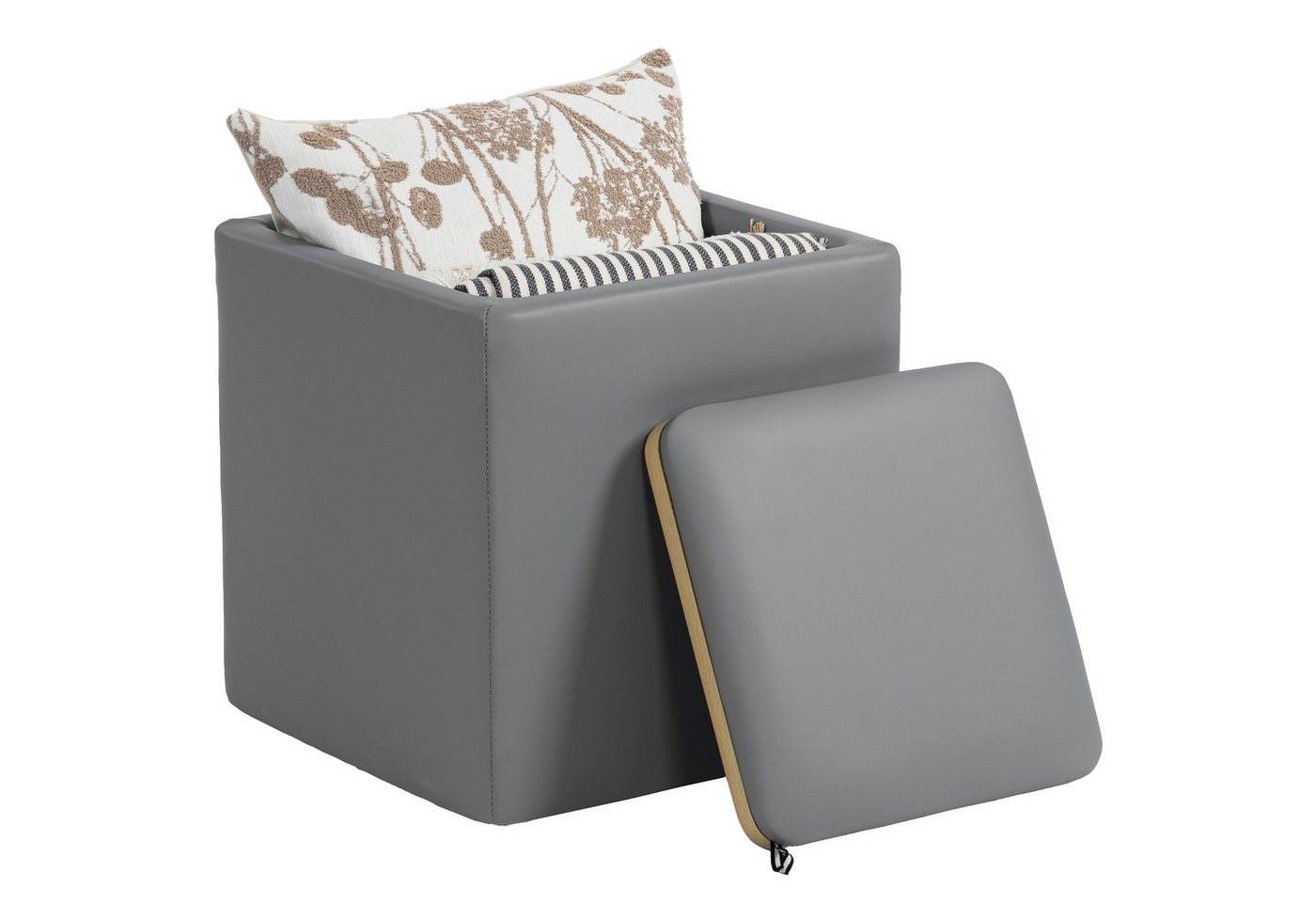 HOMCOM Sitzbank Sitzhocker Hocker mit Deckel, Kunstleder 40 x 40 x 40 cm (Bank mit Stauraum, 1-St., Sitztruhe), MDF-Rahmen, Grau – Bild 2 von 5