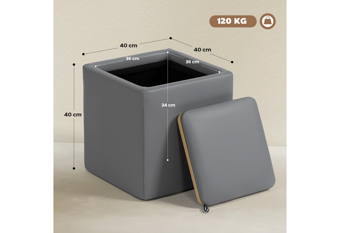 HOMCOM Sitzbank Sitzhocker Hocker mit Deckel, Kunstleder 40 x 40 x 40 cm (Bank mit Stauraum, 1-St., Sitztruhe), MDF-Rahmen, Grau – Bild 3 von 5