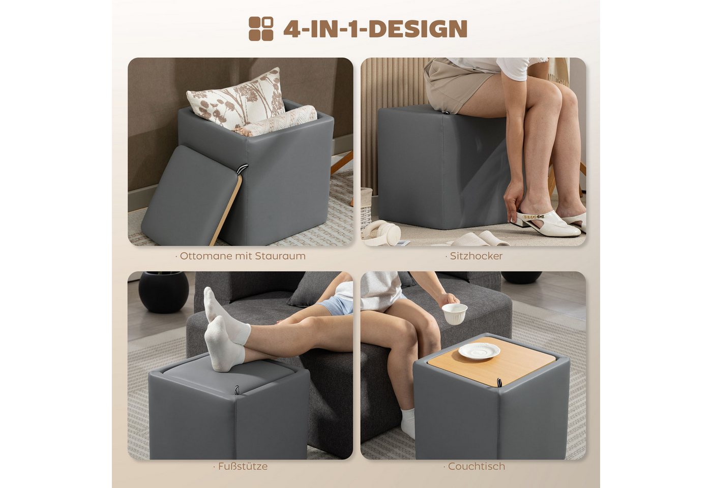 HOMCOM Sitzbank Sitzhocker Hocker mit Deckel, Kunstleder 40 x 40 x 40 cm (Bank mit Stauraum, 1-St., Sitztruhe), MDF-Rahmen, Grau – Bild 4 von 5