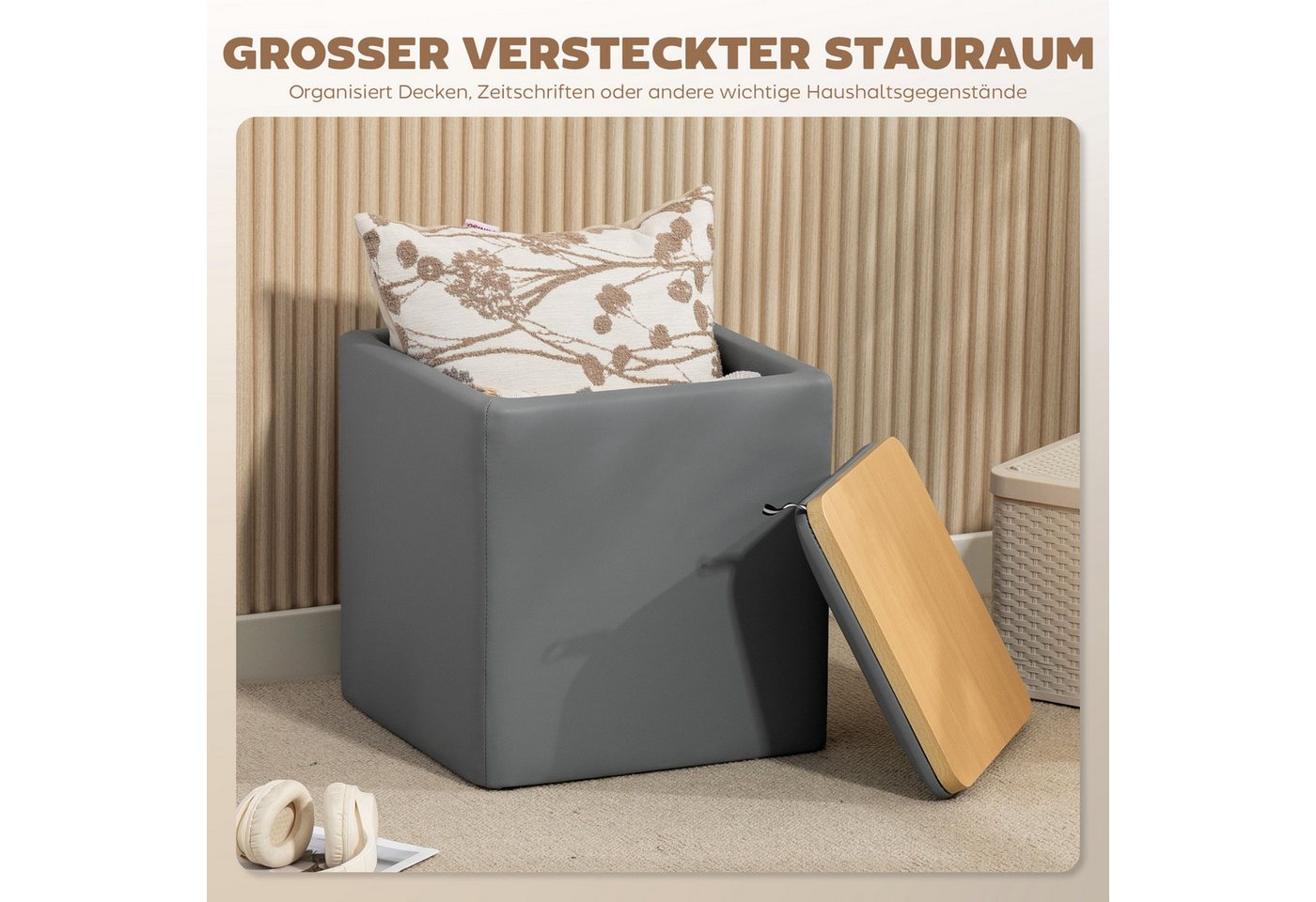 HOMCOM Sitzbank Sitzhocker Hocker mit Deckel, Kunstleder 40 x 40 x 40 cm (Bank mit Stauraum, 1-St., Sitztruhe), MDF-Rahmen, Grau – Bild 5 von 5
