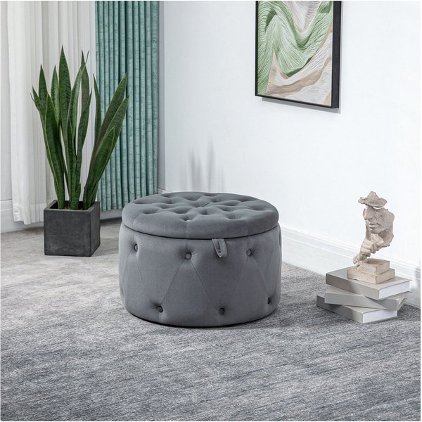 HOMCOM Sitzbank Sitzhocker mit Stauraum, Polsterhocker, Samtoptik und Knöpfen (Aufbewahrungshocker, 1-St., Sitztruhe), Grau, Ø60 x 40 cm