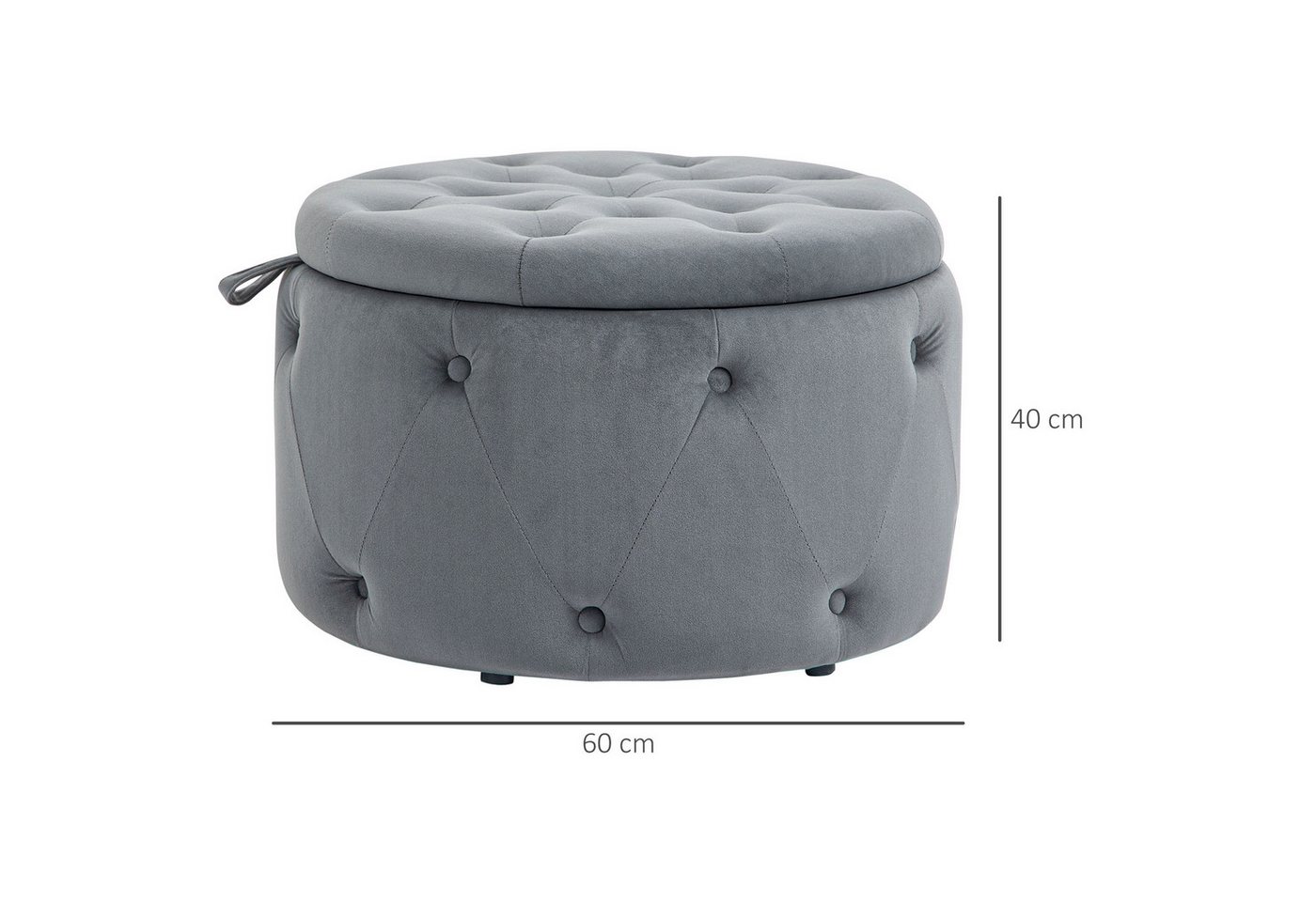 HOMCOM Sitzbank Sitzhocker mit Stauraum, Polsterhocker, Samtoptik und Knöpfen (Aufbewahrungshocker, 1-St., Sitztruhe), Grau, Ø60 x 40 cm – Bild 3 von 5