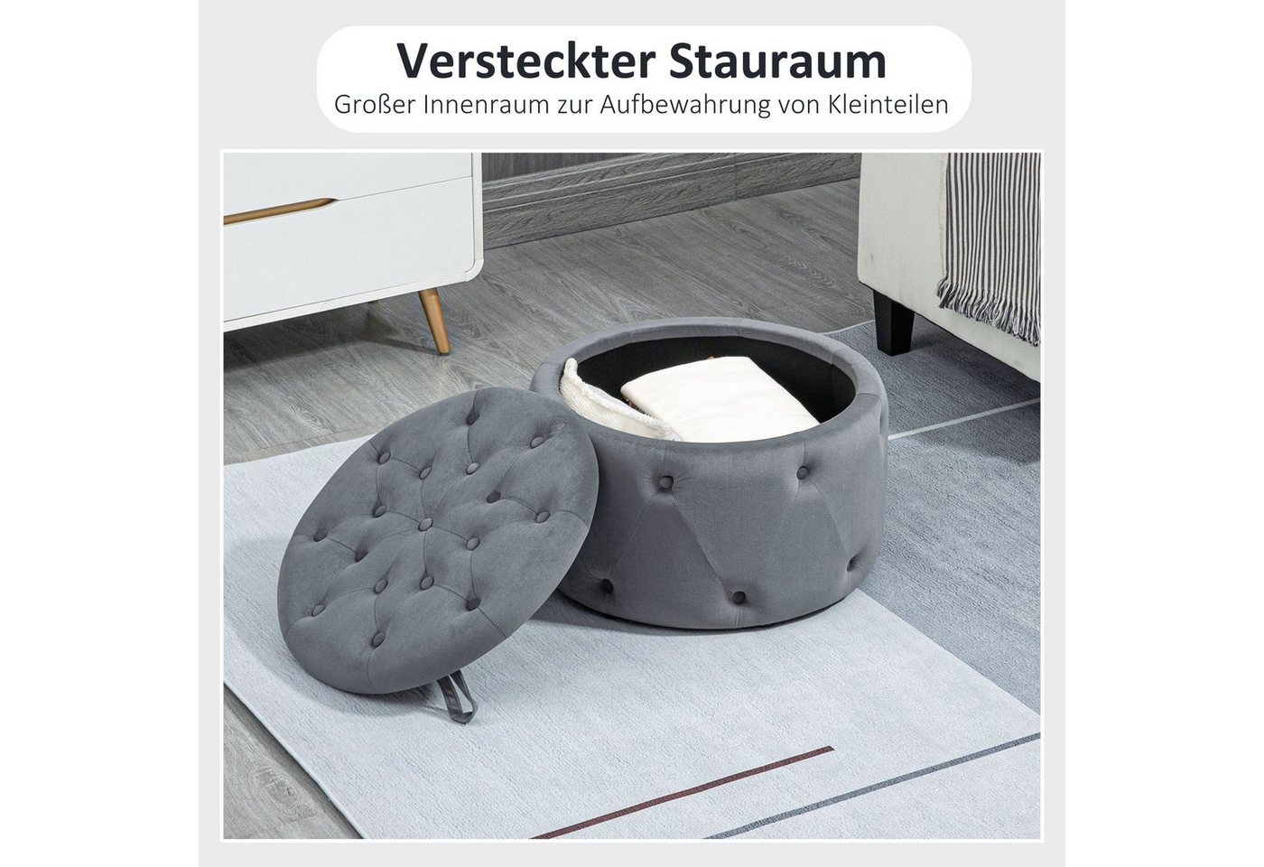 HOMCOM Sitzbank Sitzhocker mit Stauraum, Polsterhocker, Samtoptik und Knöpfen (Aufbewahrungshocker, 1-St., Sitztruhe), Grau, Ø60 x 40 cm – Bild 4 von 5