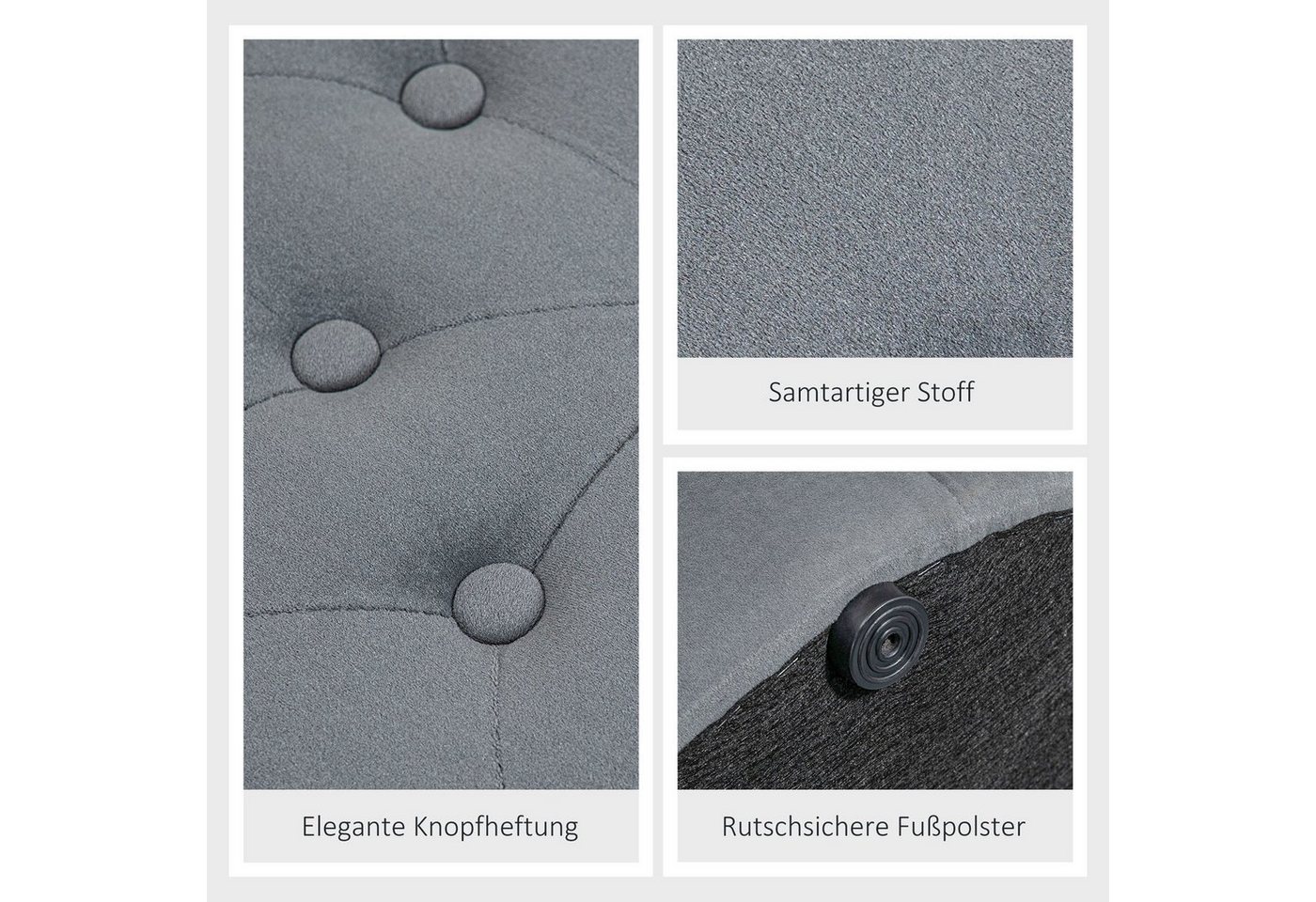 HOMCOM Sitzbank Sitzhocker mit Stauraum, Polsterhocker, Samtoptik und Knöpfen (Aufbewahrungshocker, 1-St., Sitztruhe), Grau, Ø60 x 40 cm – Bild 5 von 5
