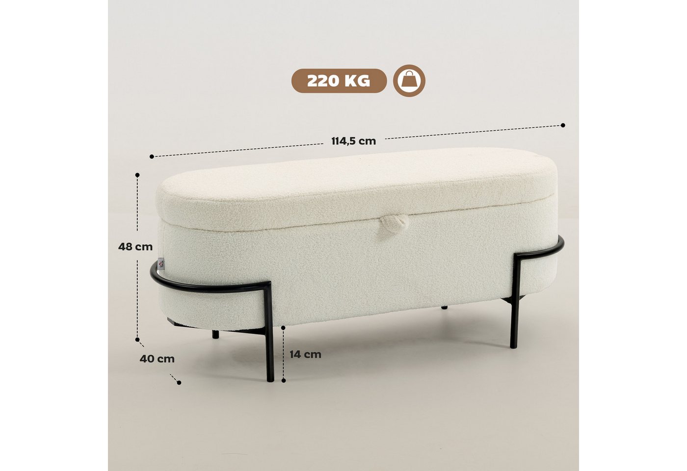 HOMCOM Sitzbank Sitztruhe mit hochklappbarem Deckel, Fleece-Optik, Truhenbank (Polsterhocker, 1-St., Aufbewahrungs-Hocker), für Wohnzimmer, Schlafzimmer, Cremew – Bild 3 von 5