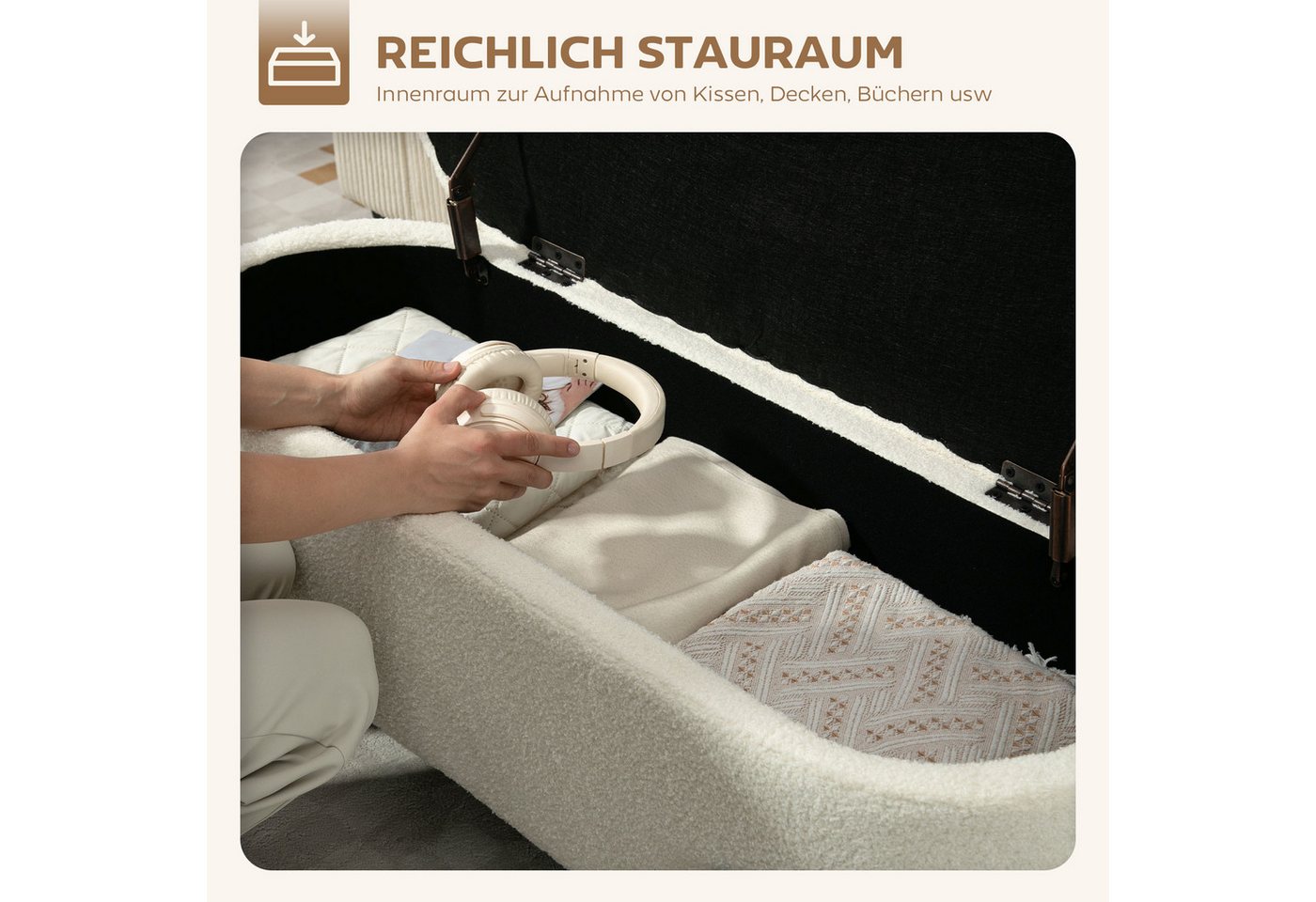 HOMCOM Sitzbank Sitztruhe mit hochklappbarem Deckel, Fleece-Optik, Truhenbank (Polsterhocker, 1-St., Aufbewahrungs-Hocker), für Wohnzimmer, Schlafzimmer, Cremew – Bild 4 von 5