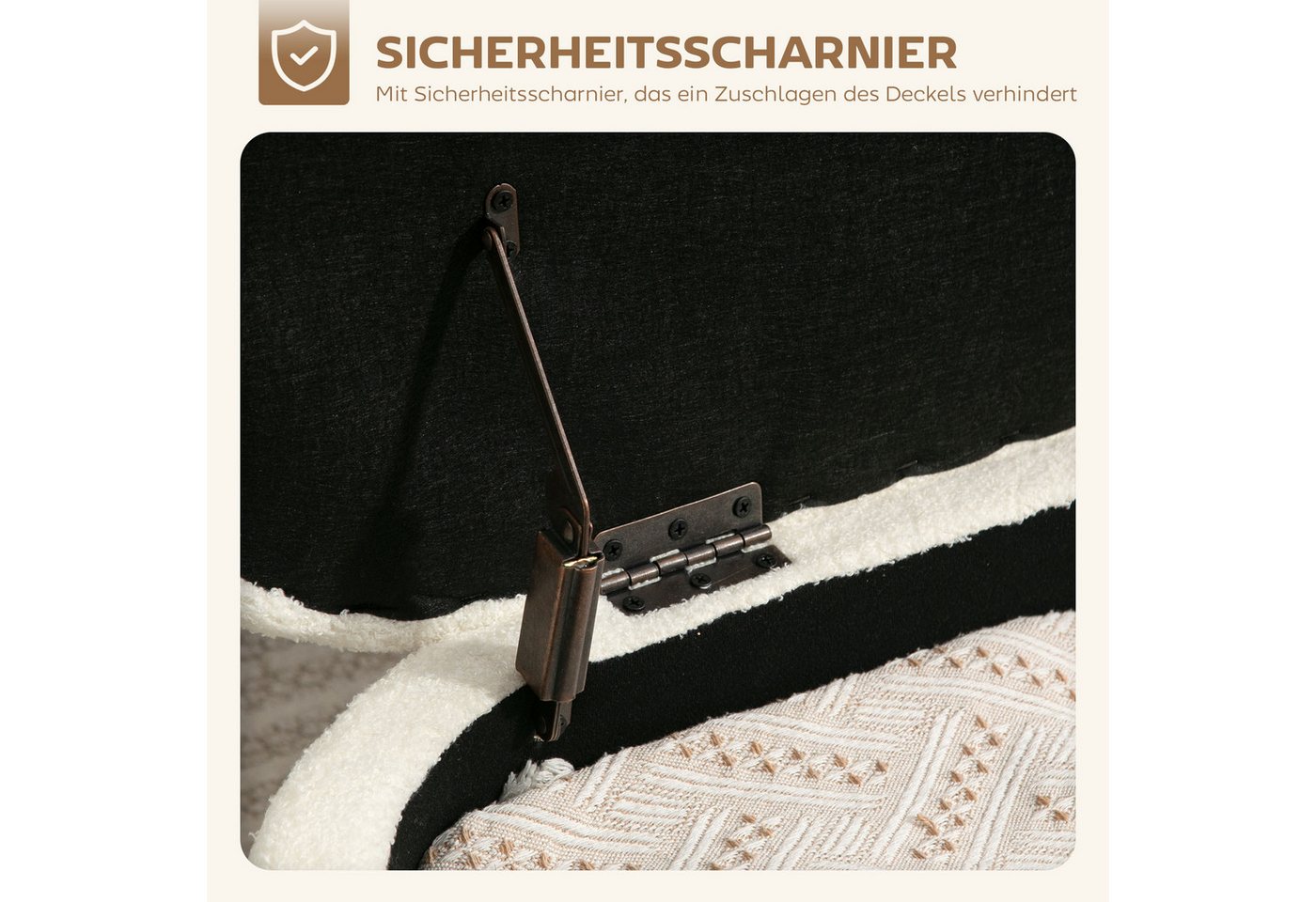 HOMCOM Sitzbank Sitztruhe mit hochklappbarem Deckel, Fleece-Optik, Truhenbank (Polsterhocker, 1-St., Aufbewahrungs-Hocker), für Wohnzimmer, Schlafzimmer, Cremew – Bild 5 von 5