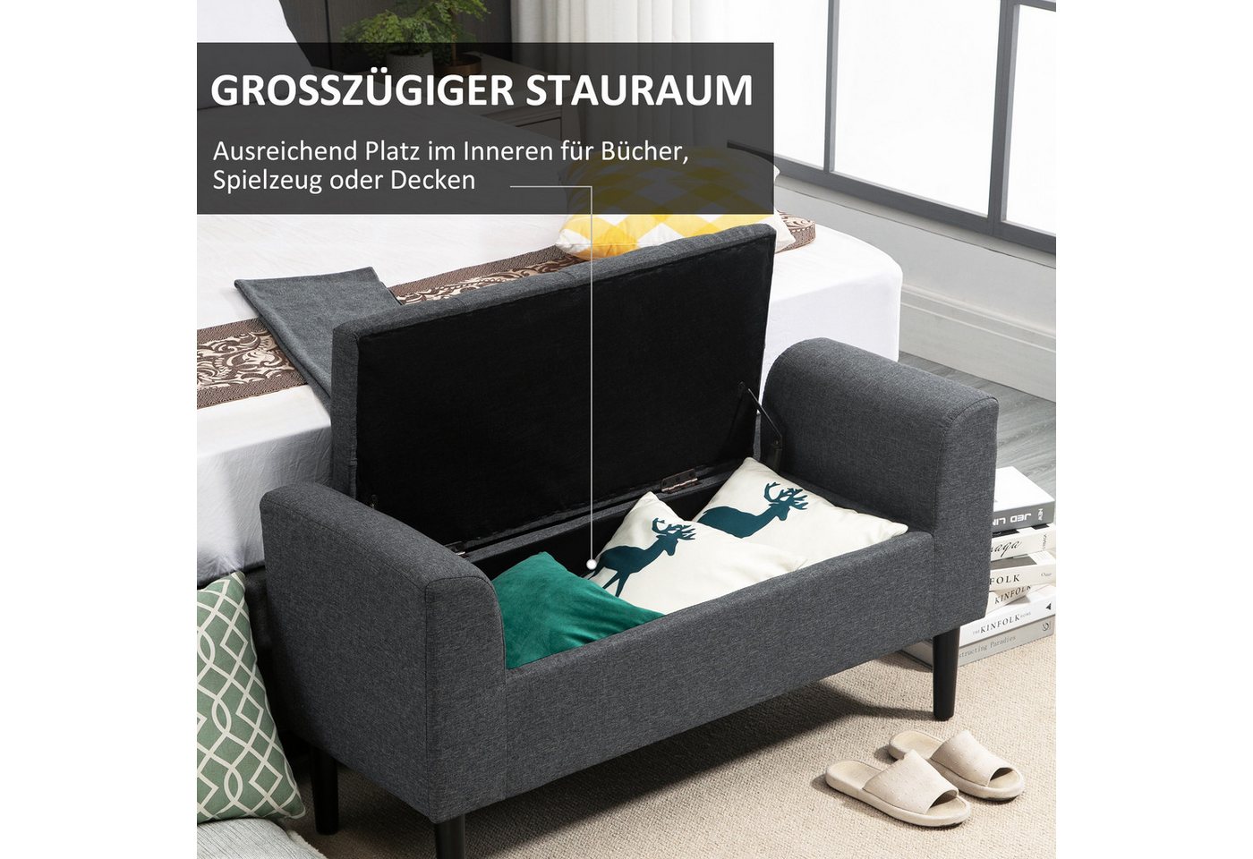 HOMCOM Sitzbank Stauraum, Leinenoptik, Holzbeine, Bettbank belastbar bis 130 kg (Polsterbank, 1-St., Sitzhocker), für Wohnzimmer Schlafzimmer Flur, 116 x 44 x 5 – Bild 4 von 5