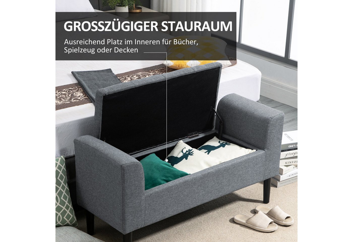 HOMCOM Sitzbank Stauraum, Leinenoptik, Holzbeine, Bettbank belastbar bis 130 kg (Polsterbank, 1-St., Sitzhocker), für Wohnzimmer Schlafzimmer Flur, 116 x 44 x 5 – Bild 4 von 5
