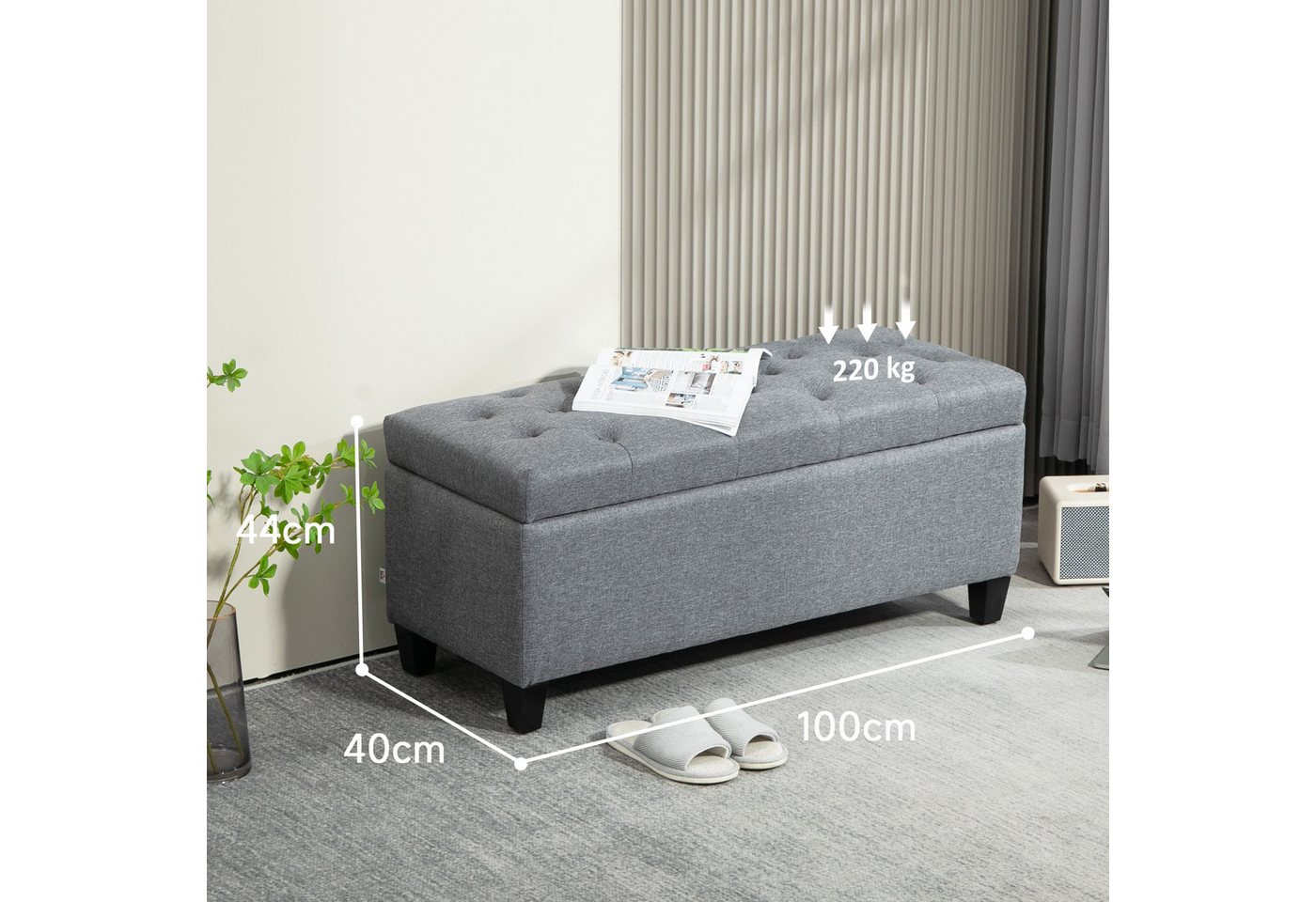 HOMCOM Sitzbank Stauraum mit Leinenoptik, Holzbeine für Flur (Truhenbank, 1-St., Polsterbank), Schlafzimmer, Wohnzimmer, Gummiholz, Hellgrau, 100 x 40 x 44 cm – Bild 3 von 5