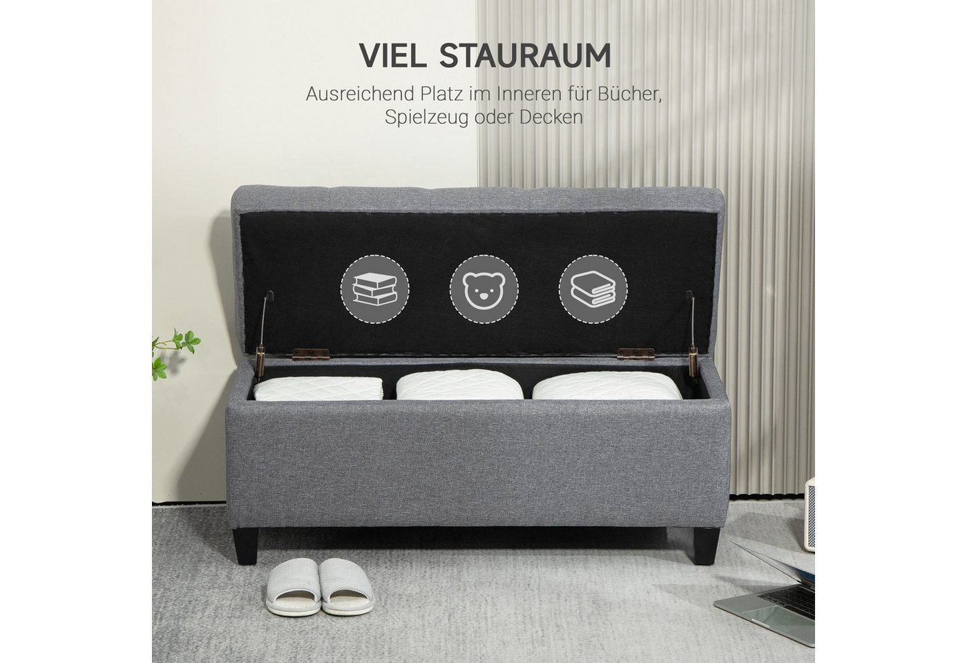 HOMCOM Sitzbank Stauraum mit Leinenoptik, Holzbeine für Flur (Truhenbank, 1-St., Polsterbank), Schlafzimmer, Wohnzimmer, Gummiholz, Hellgrau, 100 x 40 x 44 cm – Bild 4 von 5