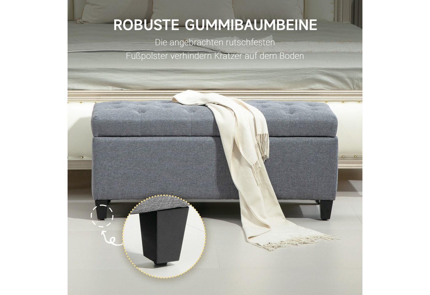 HOMCOM Sitzbank Stauraum mit Leinenoptik, Holzbeine für Flur (Truhenbank, 1-St., Polsterbank), Schlafzimmer, Wohnzimmer, Gummiholz, Hellgrau, 100 x 40 x 44 cm – Bild 5 von 5