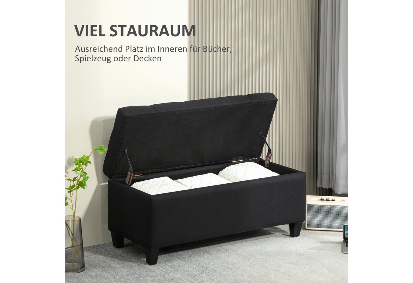 HOMCOM Sitzbank Stauraum mit Leinenoptik, Holzbeine für Flur (Truhenbank, 1-St., Polsterbank), Schlafzimmer, Wohnzimmer, Gummiholz, Schwarz, 100 x 40 x 44 cm – Bild 4 von 5