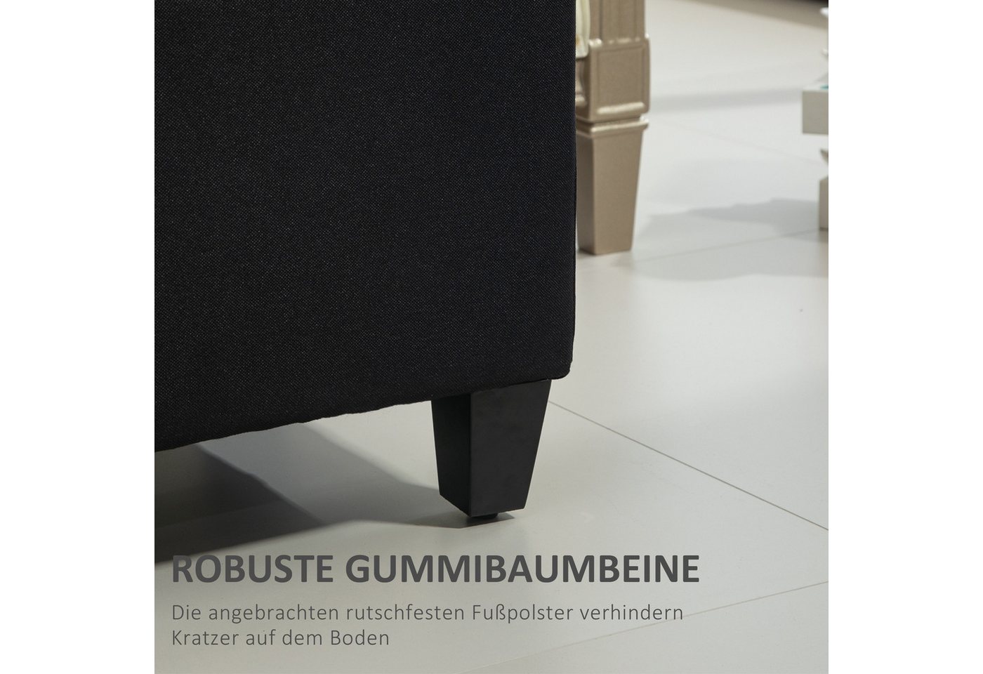 HOMCOM Sitzbank Stauraum mit Leinenoptik, Holzbeine für Flur (Truhenbank, 1-St., Polsterbank), Schlafzimmer, Wohnzimmer, Gummiholz, Schwarz, 100 x 40 x 44 cm – Bild 5 von 5