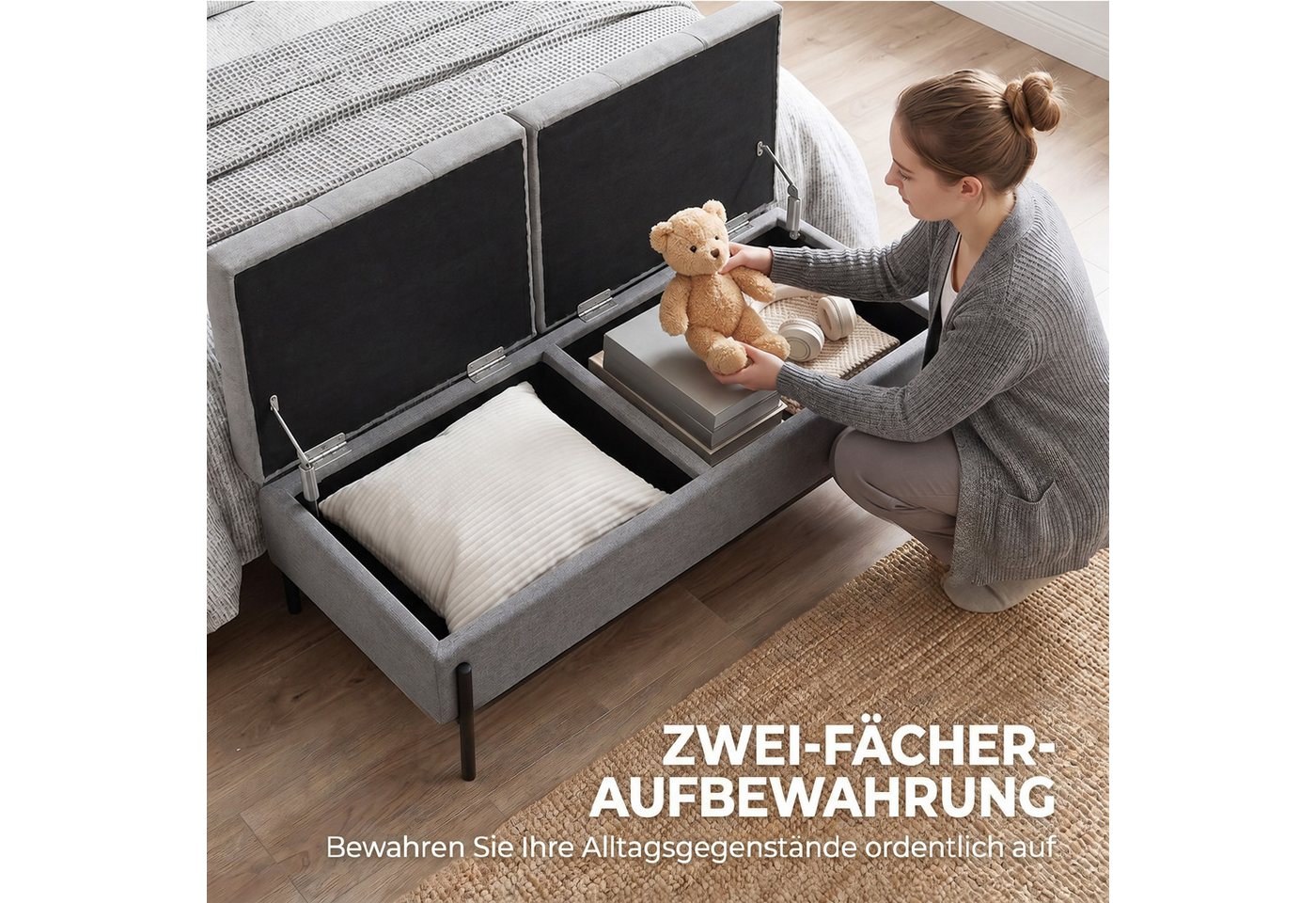 HOMCOM Sitzbank Truhe mit Stauraum, 2 Fächern, Doppeldeckeln, Leinenoptik, Grau (Bank, 1-St., Polsterbank), Doppeltes Staufach, extra dickes Kissen, Metallbeine – Bild 4 von 5