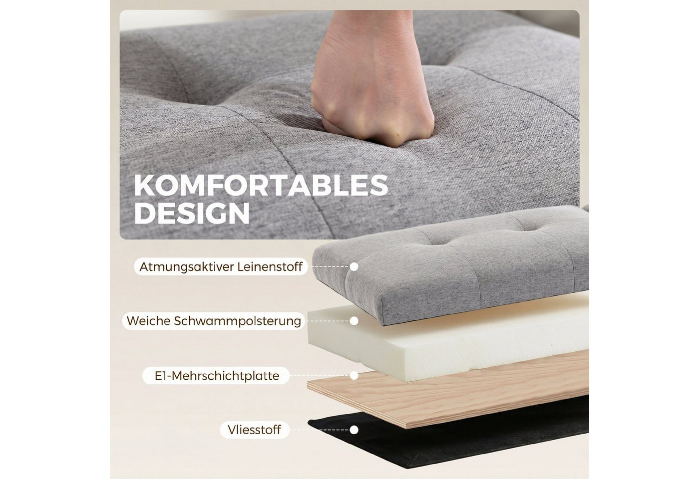 HOMCOM Sitzbank Truhe mit Stauraum, 2 Fächern, Doppeldeckeln, Leinenoptik, Grau (Bank, 1-St., Polsterbank), Doppeltes Staufach, extra dickes Kissen, Metallbeine – Bild 5 von 5
