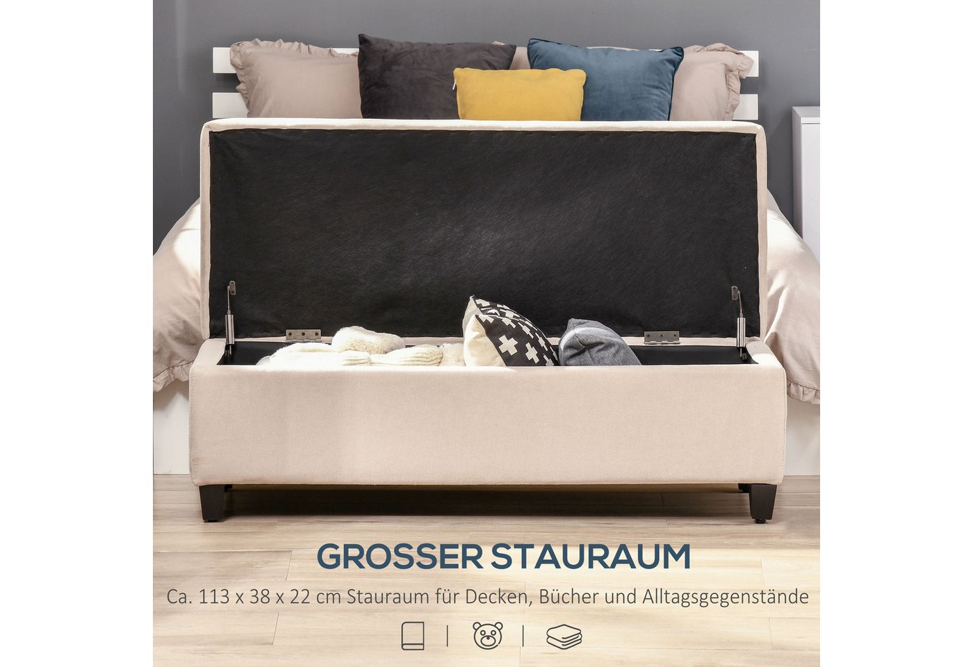 HOMCOM Sitzbank Truhenbank, Aufbewahrungsbank, Schlafzimmer, 125 x 49 x 41,5 cm (Bettbank, 1-St., Polsterbank), für Wohnzimmer, Beige – Bild 4 von 5