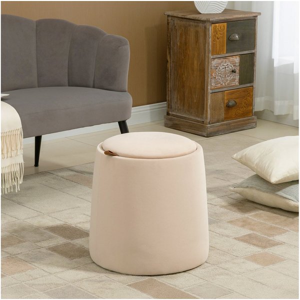 HOMCOM Sitzhocker 2-in-1 Hocker mit Deckel, Ottomane mit Samtoptik (Polsterhocker, 1 St., Sitzhocker), Beige Ø44 x 47,5 cm