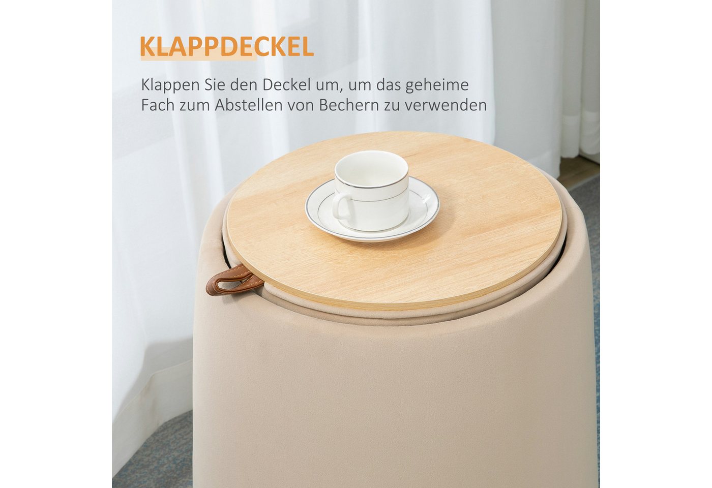 HOMCOM Sitzhocker 2-in-1 Hocker mit Deckel, Ottomane mit Samtoptik (Polsterhocker, 1 St., Sitzhocker), Beige Ø44 x 47,5 cm – Bild 4 von 5