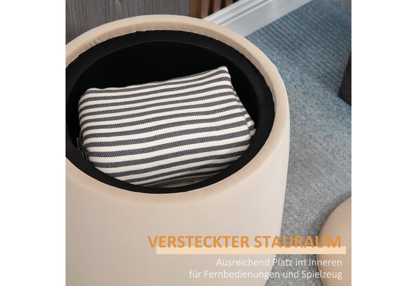 HOMCOM Sitzhocker 2-in-1 Hocker mit Deckel, Ottomane mit Samtoptik (Polsterhocker, 1 St., Sitzhocker), Beige Ø44 x 47,5 cm – Bild 5 von 5