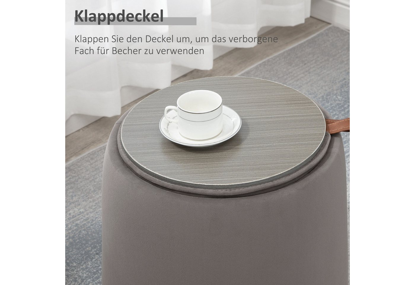 HOMCOM Sitzhocker 2-in-1 Hocker mit Deckel, Ottomane mit Samtoptik (Polsterhocker, 1 St., Sitzhocker), Dunkelgrau Ø44 x 47,5 cm – Bild 4 von 5