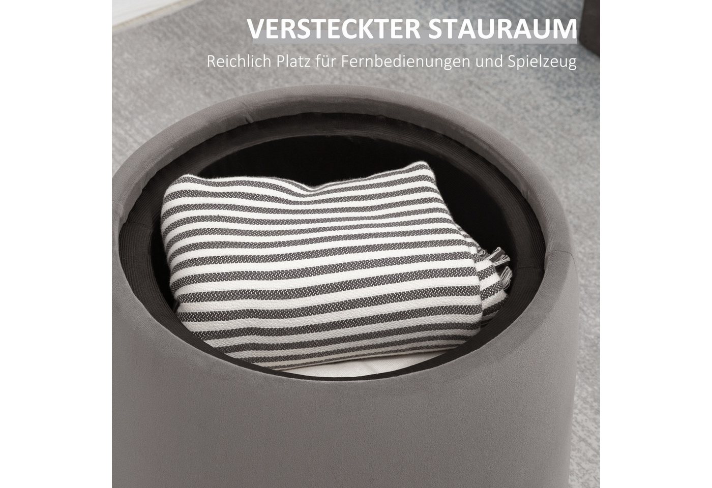 HOMCOM Sitzhocker 2-in-1 Hocker mit Deckel, Ottomane mit Samtoptik (Polsterhocker, 1 St., Sitzhocker), Dunkelgrau Ø44 x 47,5 cm – Bild 5 von 5