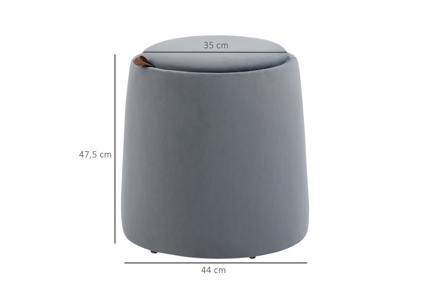 HOMCOM Sitzhocker 2-in-1 Hocker mit Deckel, Ottomane mit Samtoptik (Polsterhocker, 1 St., Sitzhocker), Grau Ø44 x 47,5 cm – Bild 3 von 5