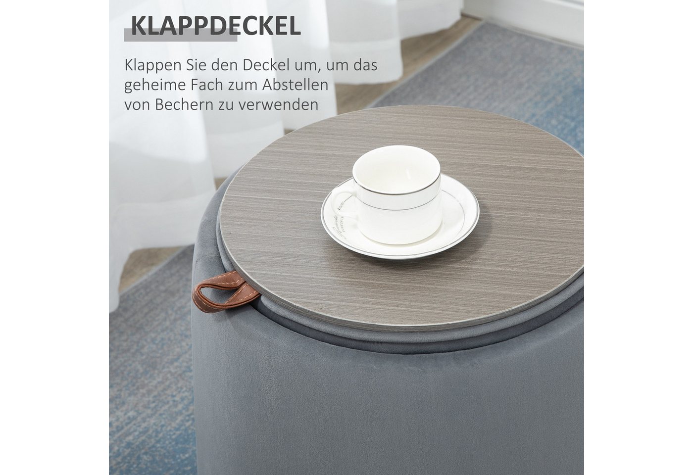 HOMCOM Sitzhocker 2-in-1 Hocker mit Deckel, Ottomane mit Samtoptik (Polsterhocker, 1 St., Sitzhocker), Grau Ø44 x 47,5 cm – Bild 4 von 5