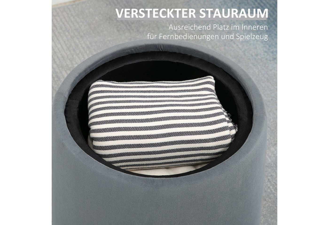 HOMCOM Sitzhocker 2-in-1 Hocker mit Deckel, Ottomane mit Samtoptik (Polsterhocker, 1 St., Sitzhocker), Grau Ø44 x 47,5 cm – Bild 5 von 5