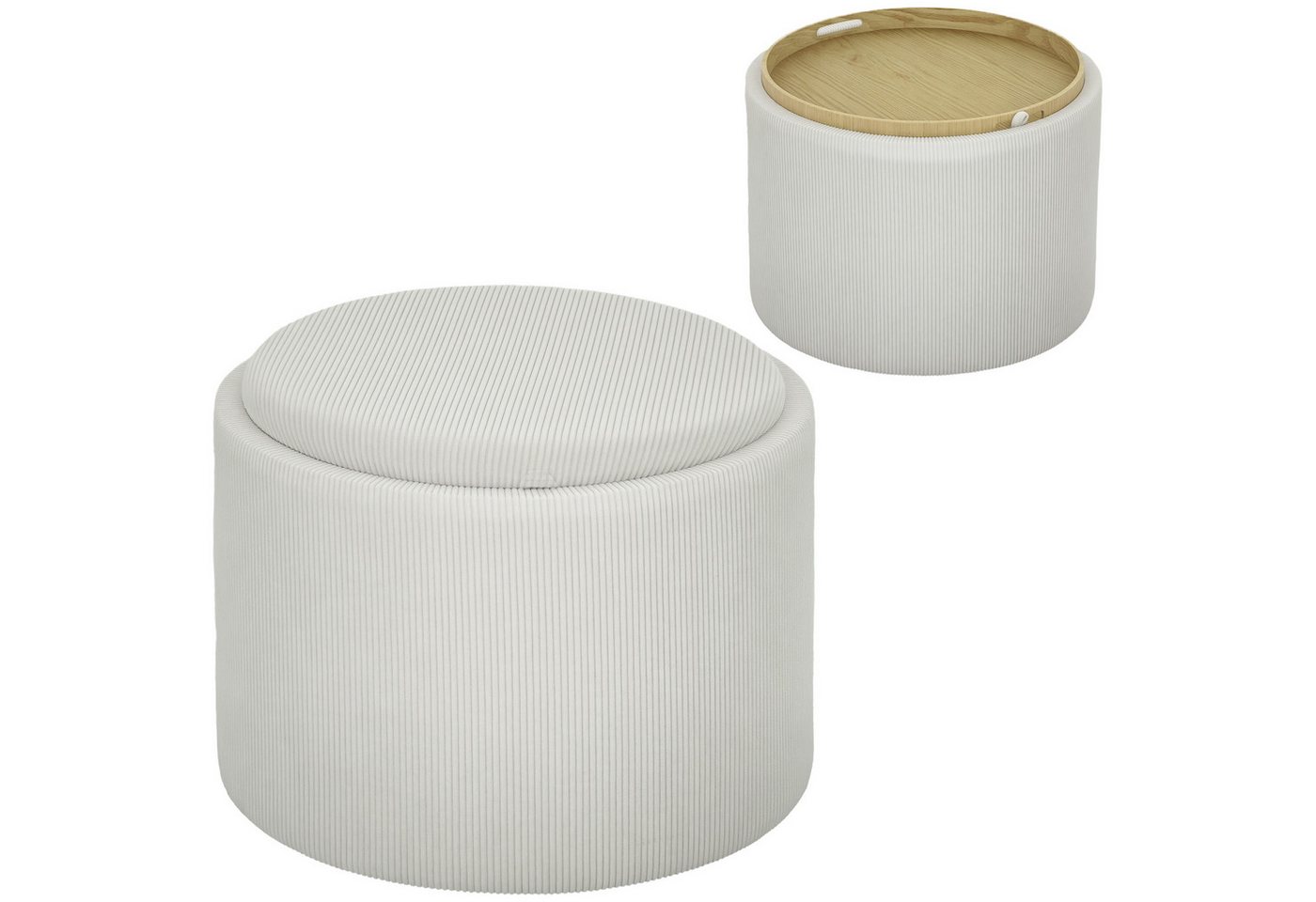HOMCOM Sitzhocker Hocker mit Stauraum und Deckel, runder Fußhocker Couchtisch (Polsterhocker in Cordoptik für Wohnzimmer, 1 St., Cremeweiß), Ø56 x 42 cm – Bild 2 von 5
