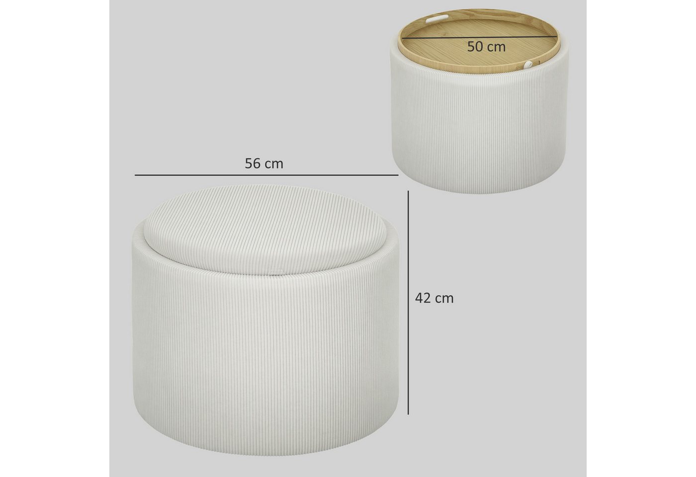 HOMCOM Sitzhocker Hocker mit Stauraum und Deckel, runder Fußhocker Couchtisch (Polsterhocker in Cordoptik für Wohnzimmer, 1 St., Cremeweiß), Ø56 x 42 cm – Bild 3 von 5