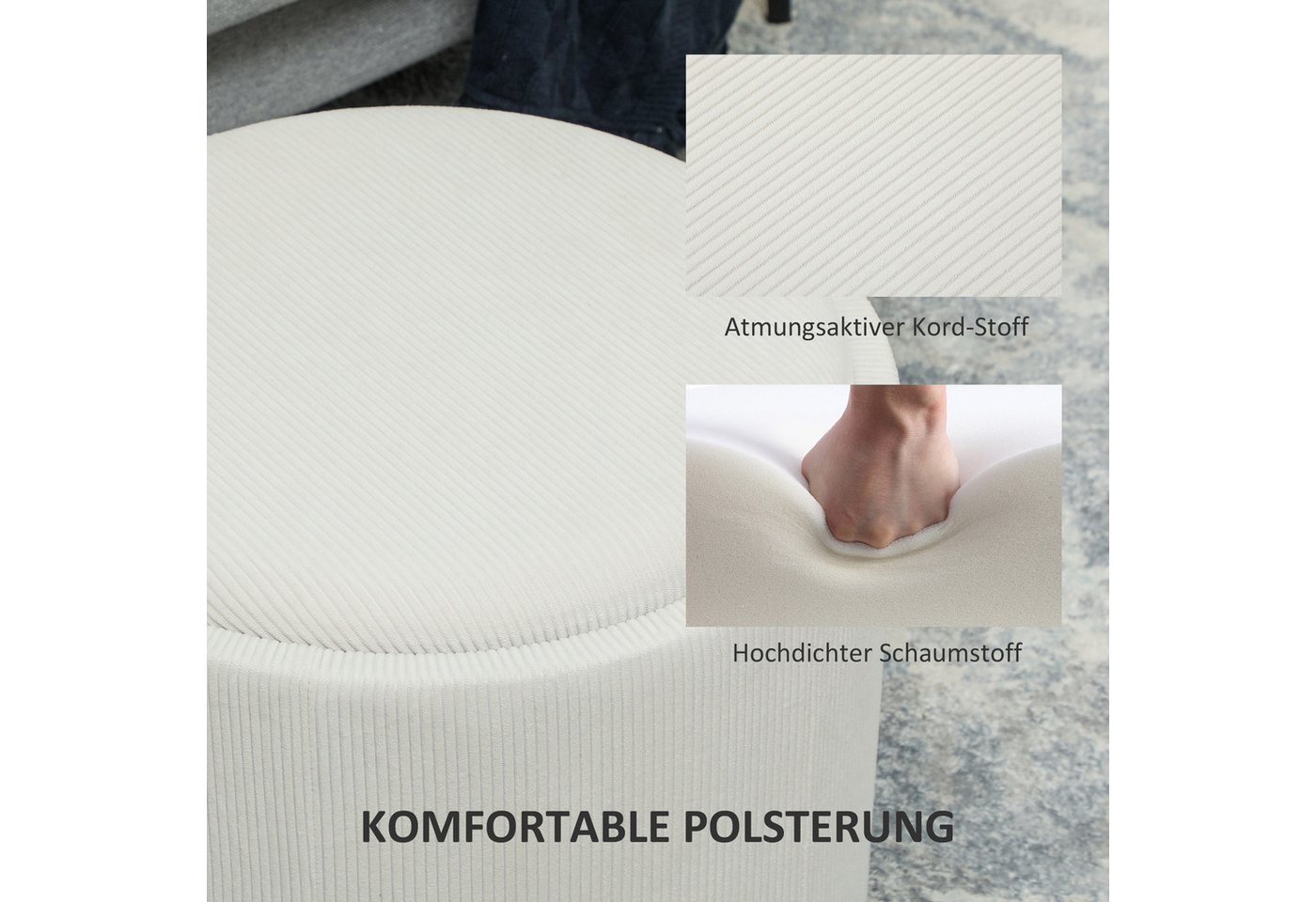 HOMCOM Sitzhocker Hocker mit Stauraum und Deckel, runder Fußhocker Couchtisch (Polsterhocker in Cordoptik für Wohnzimmer, 1 St., Cremeweiß), Ø56 x 42 cm – Bild 5 von 5