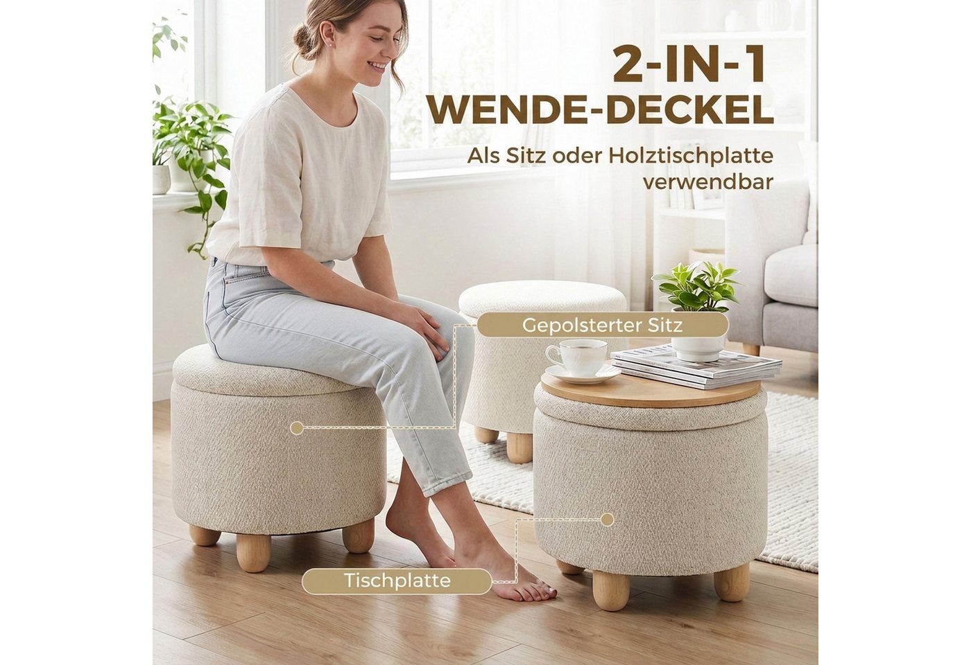 HOMCOM Sitzhocker Hocker Polsterhocker mit Stauraum (Set, 1 St., 1er), für Wohnzimmer, Schlafzimmer, 38,5x38,5x33,5 cm Beige – Bild 4 von 5