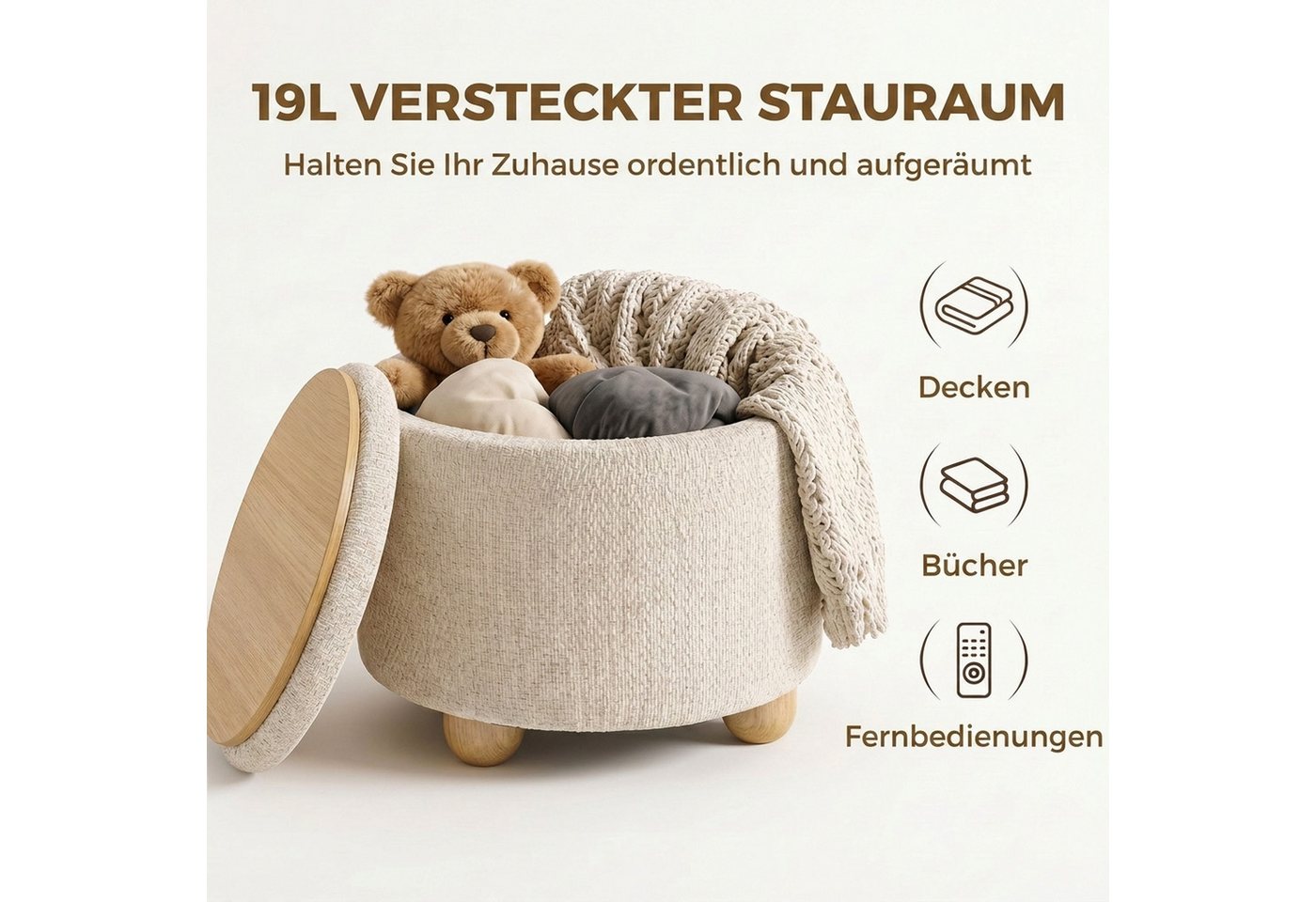 HOMCOM Sitzhocker Hocker Polsterhocker mit Stauraum (Set, 1 St., 1er), für Wohnzimmer, Schlafzimmer, 38,5x38,5x33,5 cm Beige – Bild 5 von 5