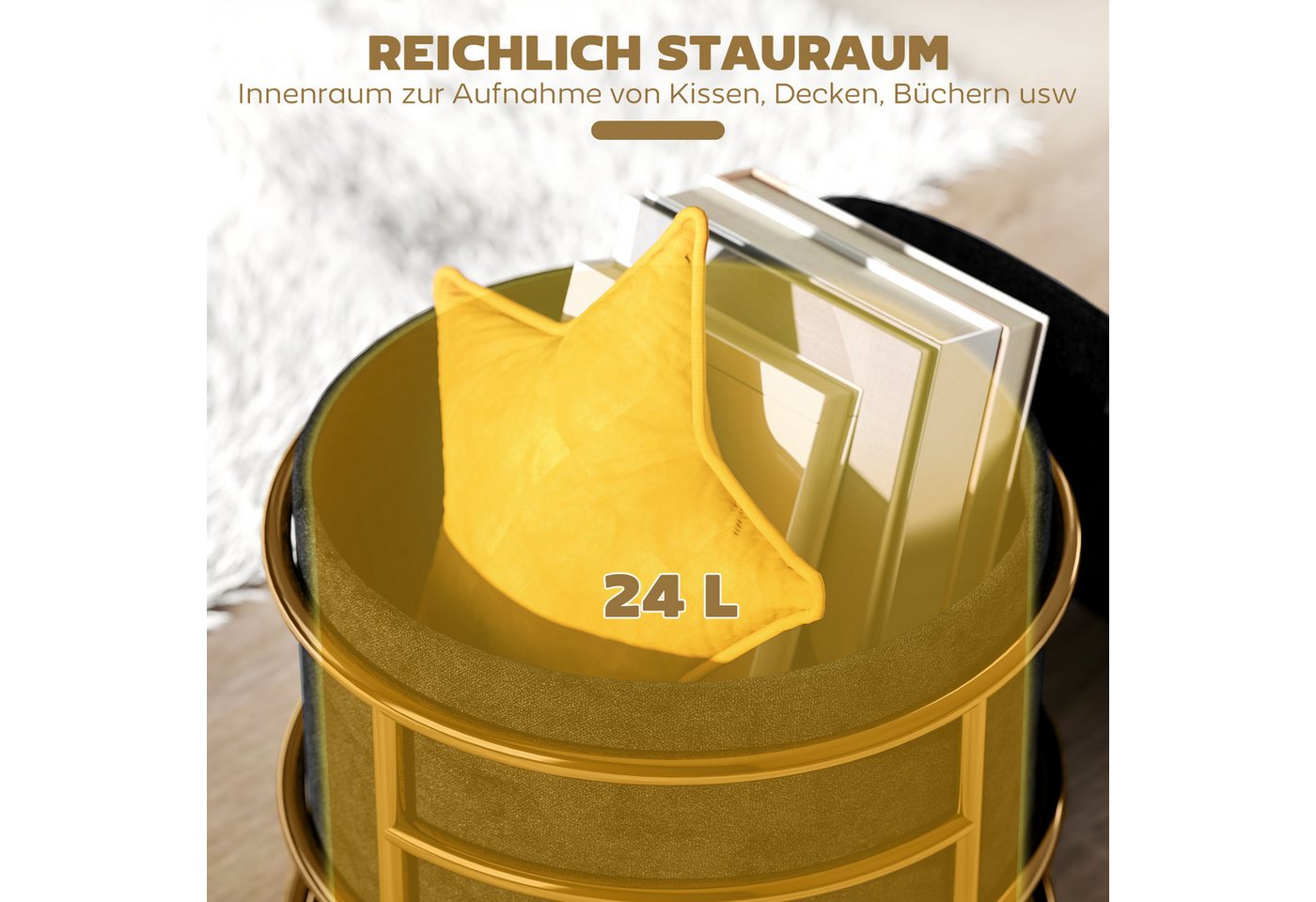 HOMCOM Sitzhocker Kleiner Hocker mit Deckel, runder Polsterhocker, mit Stauraum (Fußhocker, 1 St., Polsterhocker mit Stahrahmen), für Wohnzimmer Schlafzimmer, 4 – Bild 5 von 5