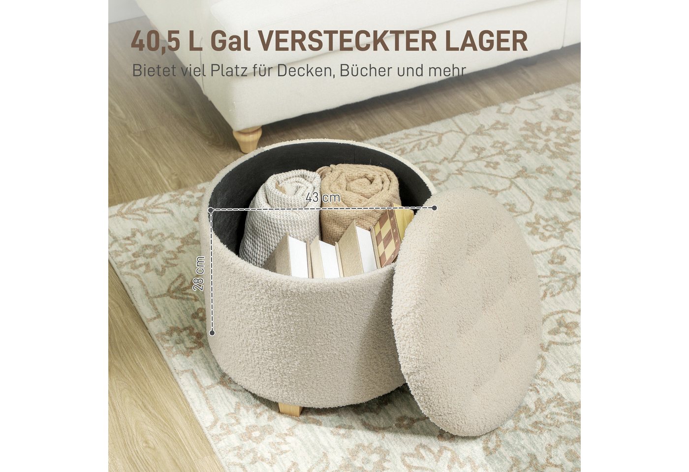 HOMCOM Sitzhocker Kleiner Hocker mit Deckel, Runder Fußhocker mit Holzbeinen (Truhenbank, 1 St., Polsterbank), für Flur Schlafzimmer Wohnzimmer, Holzrahmen Ø45  – Bild 4 von 5