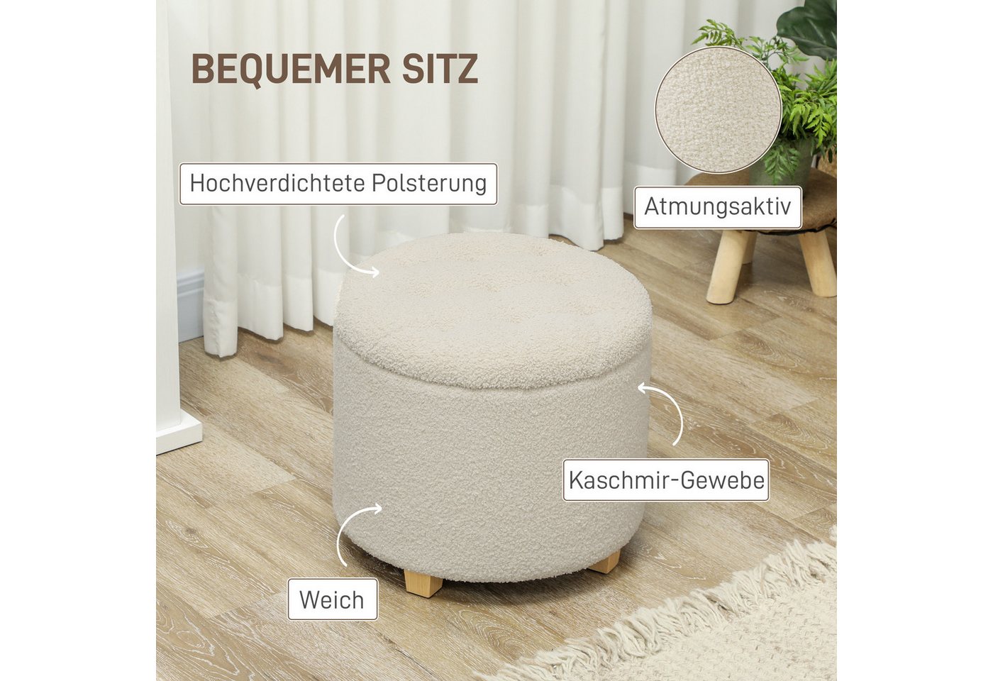 HOMCOM Sitzhocker Kleiner Hocker mit Deckel, Runder Fußhocker mit Holzbeinen (Truhenbank, 1 St., Polsterbank), für Flur Schlafzimmer Wohnzimmer, Holzrahmen Ø45  – Bild 5 von 5