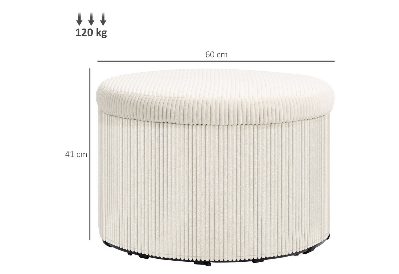 HOMCOM Sitzhocker Sitzhocker mit Stauraum Hocker mit Deckel (Fußhocker mit Cord-Optik, 1 St., Runder Polsterhocker), für Wohnzimmer, Schlafzimmer Beige – Bild 3 von 5