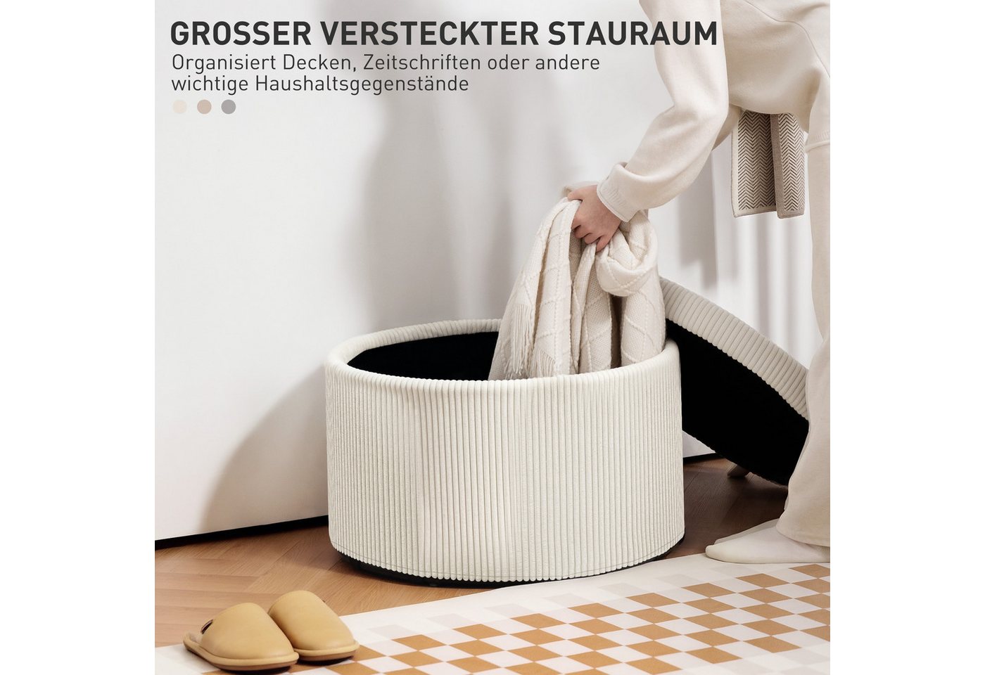 HOMCOM Sitzhocker Sitzhocker mit Stauraum Hocker mit Deckel (Fußhocker mit Cord-Optik, 1 St., Runder Polsterhocker), für Wohnzimmer, Schlafzimmer Beige – Bild 4 von 5